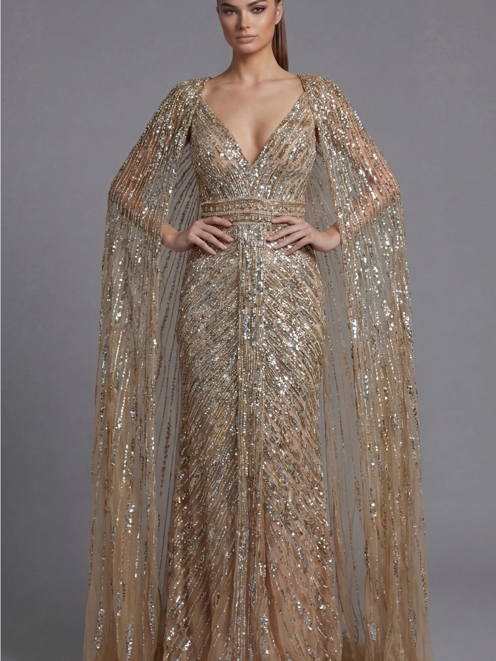 Jovani Gold Sequined Plunging Cape Gown